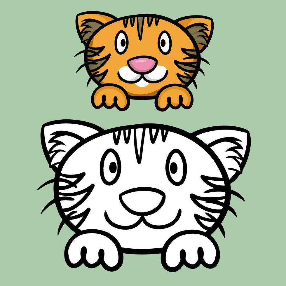A set of color and sketch drawings, a coloring book. Cute striped cartoon orange kitten looks and smiles, cat face with paws, vector illustration on green background