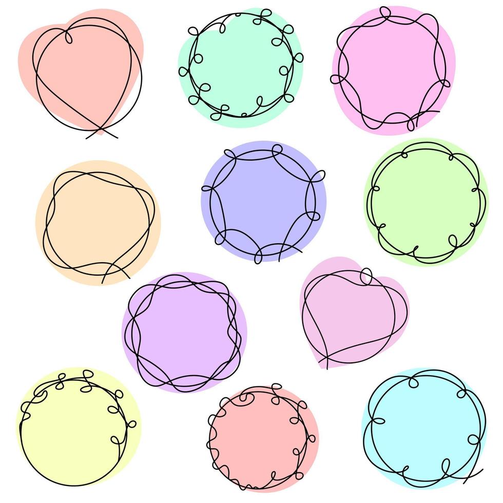 A large set of colored round frames with a swirling line, vector illustration in the style of a line on a white background