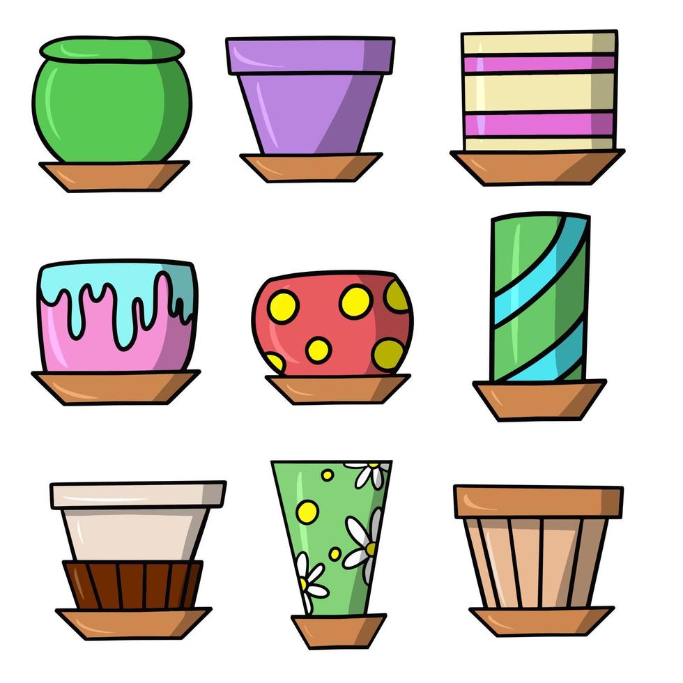 Set of colored ceramic pots for indoor plants, vector cartoon illustration on a white background