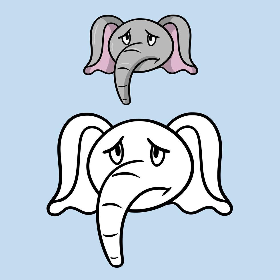 pequeño elefante triste, emociones de un elefante de dibujos animados, ilustración vectorial sobre un fondo claro. un conjunto de ilustraciones para un libro para colorear. vector