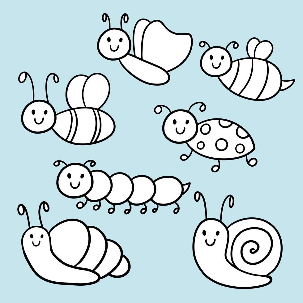 Vector monochrome illustration, coloring book, Collection of cute insects , cartoon insects with a cute smile on a light background