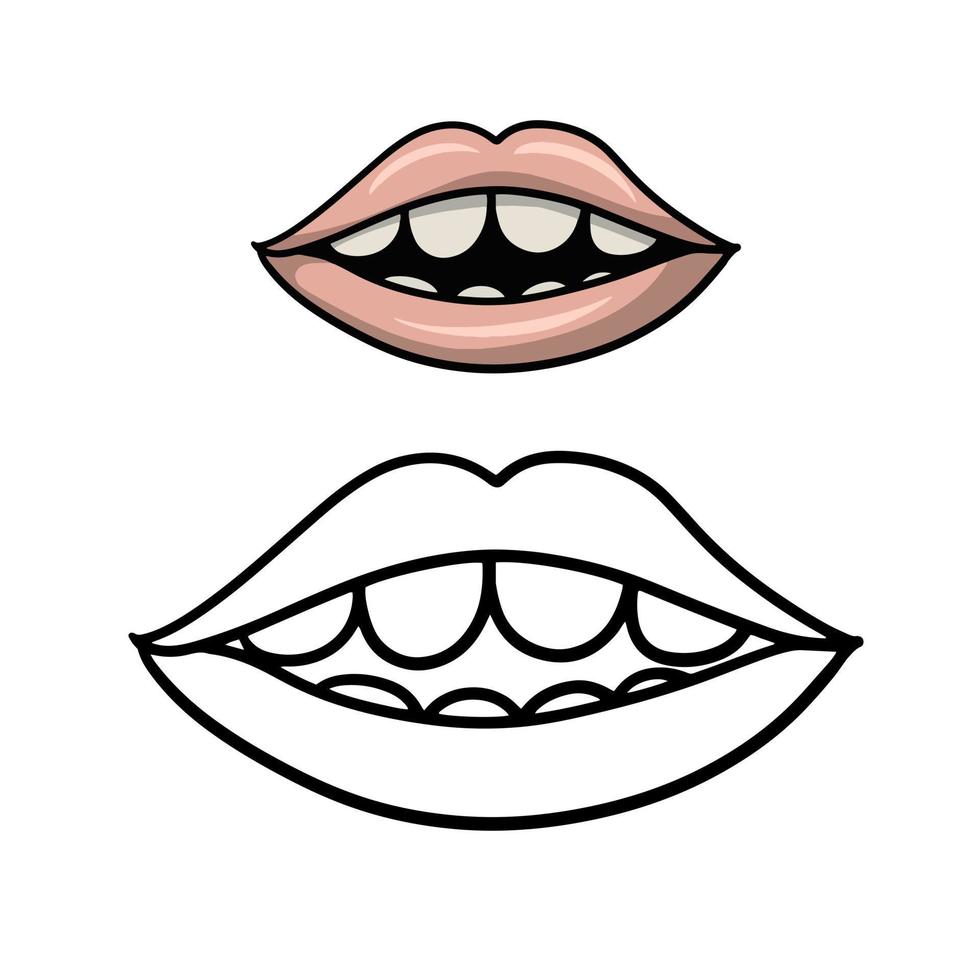 Pink lips with white teeth, cartoon vector illustration on a white background. A set of color and sketch drawings.