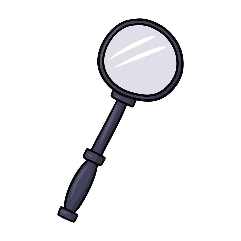 Round magnifier with black handle, magnifying glass, vector cartoon illustration on white background
