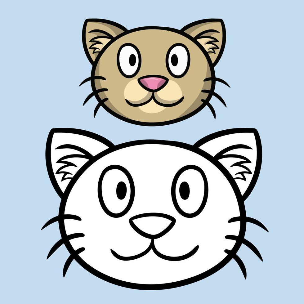 A set of color and sketch pictures, a coloring book. Cute light beige cat, contented feline face with paws, cartoon vector illustration close-up on a blue background