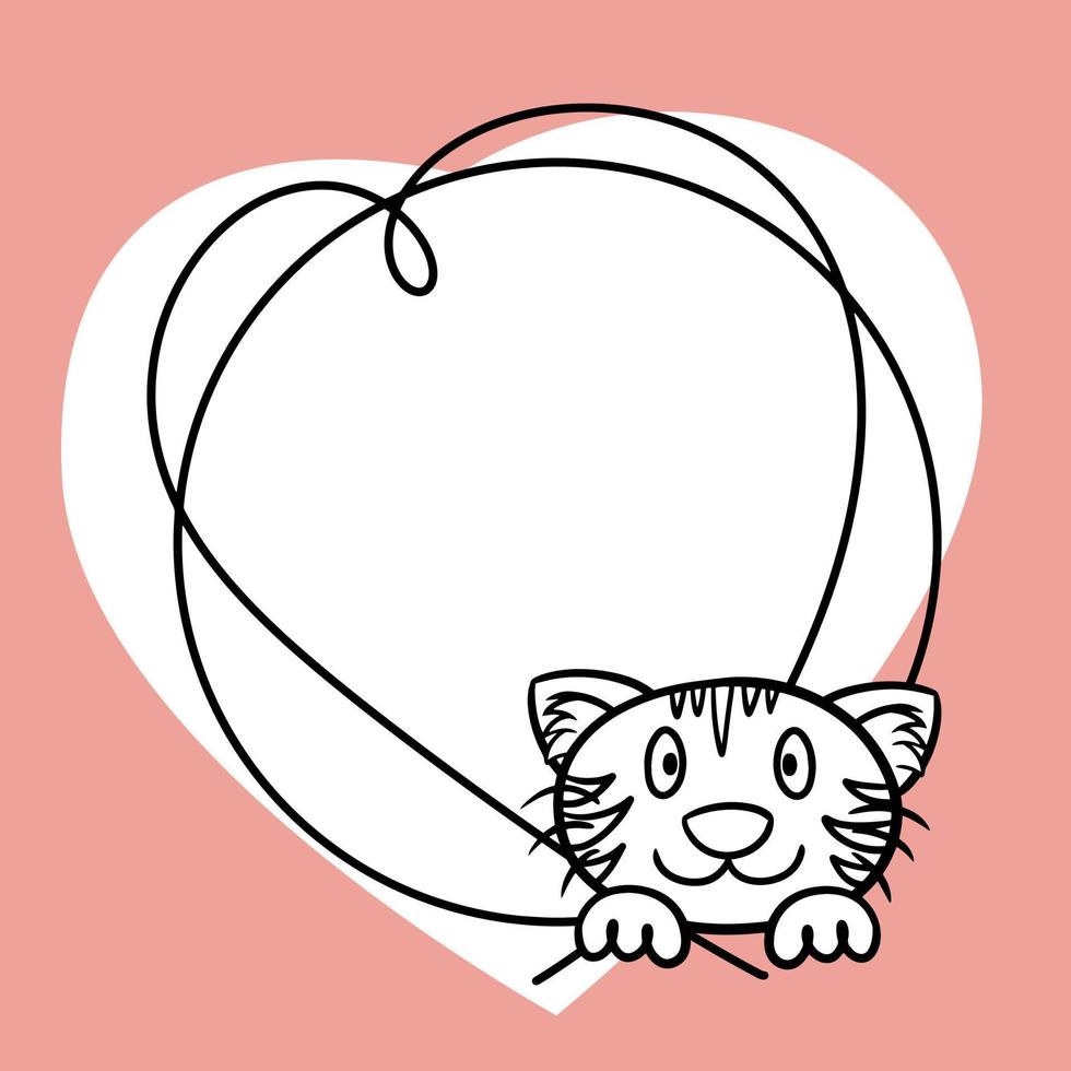 A heart-shaped frame with an empty space to copy, a cute smiling kitten. Vector monochrome cartoon illustration, sketch