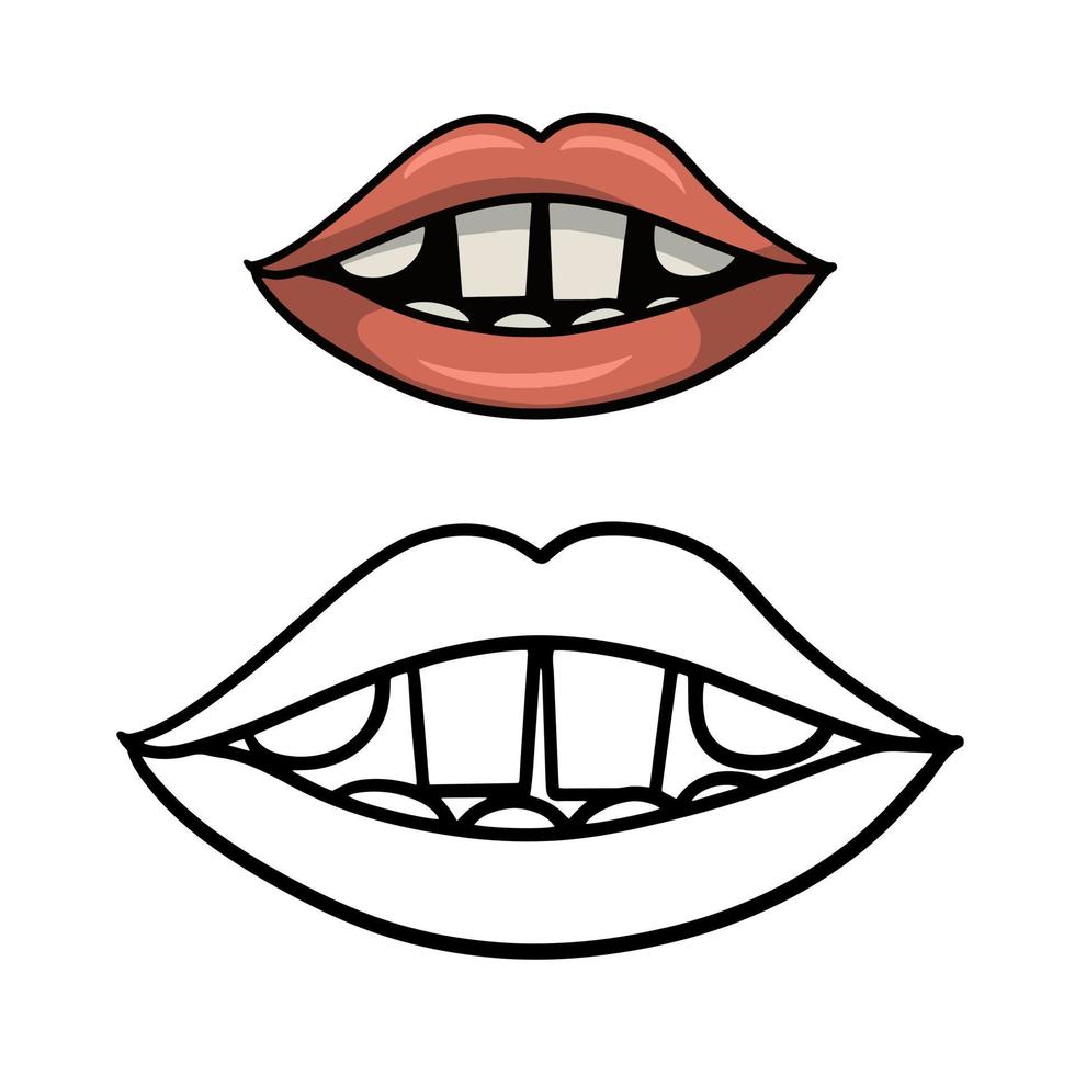 Set of color image with sketch image, coloring book. Cartoon pink lips with white square big teeth, vector illustration on beige background