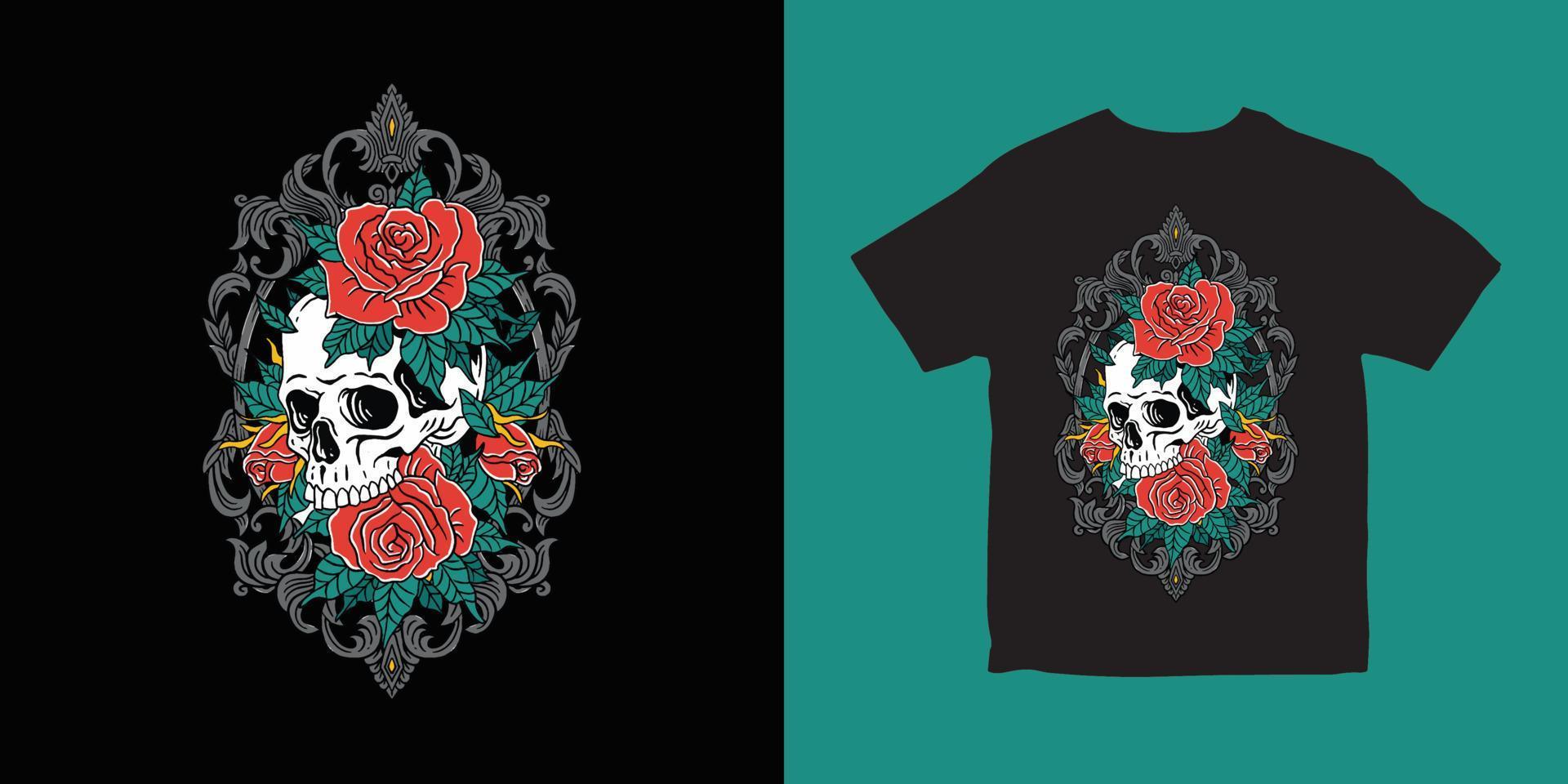 calavera con diseño de camiseta con ilustración de flores vector