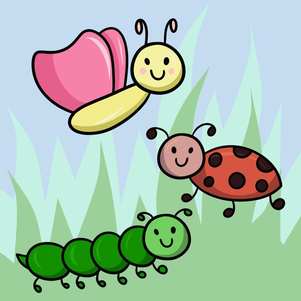 divertidos insectos de dibujos animados en un claro verde, ilustración vectorial, color cambiable vector