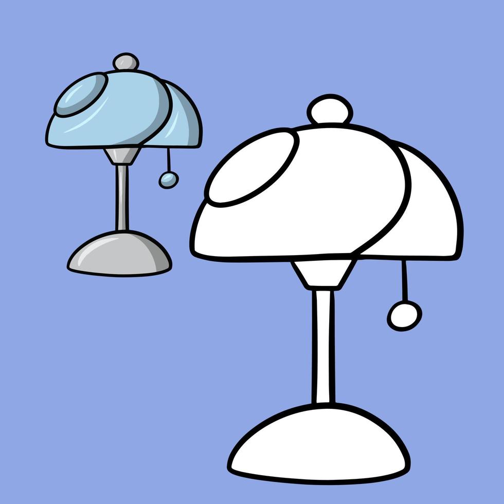 A set of pictures for a coloring book. Elegant table lamp with a light blue shade in a cartoon-style vector illustration on a blue background