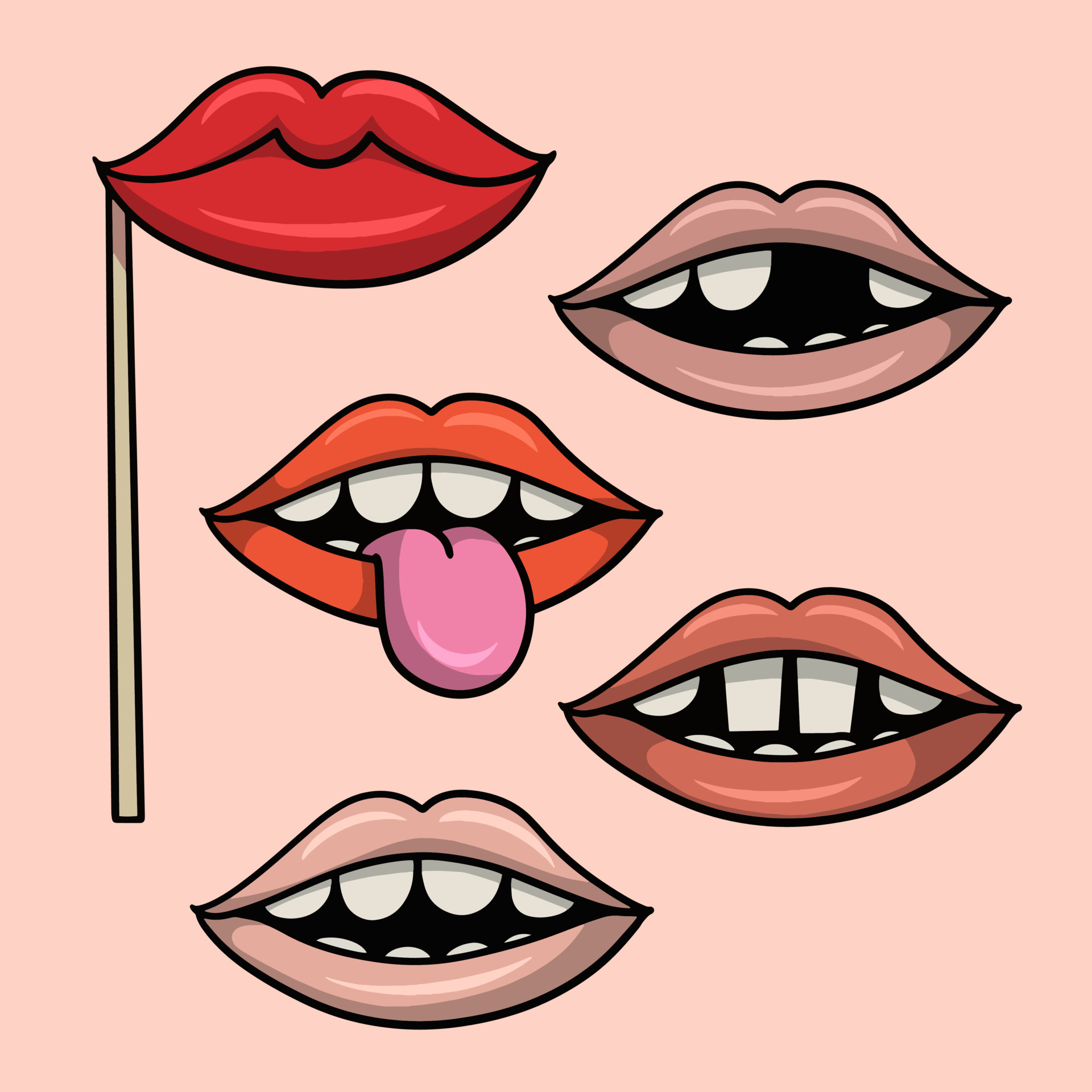 A set of vector illustrations, various funny drawings with different  emotions, smiling lips, showing teeth, some teeth are missing, funny signs  for a party with teeth 7808500 Vector Art at Vecteezy