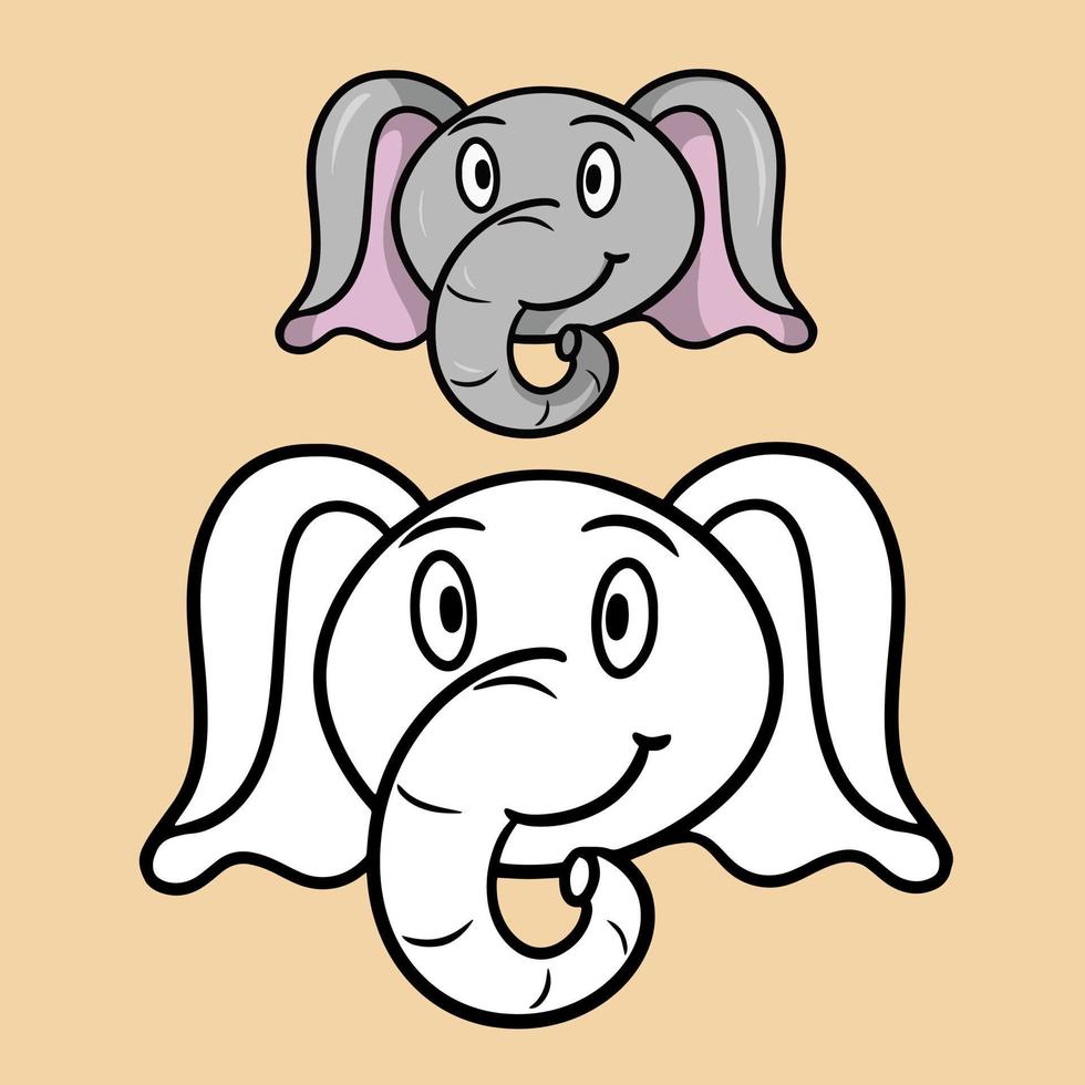 A set of color and sketch pictures, a coloring book. Cute little elephant, cartoon elephant emotions, vector illustration on white background