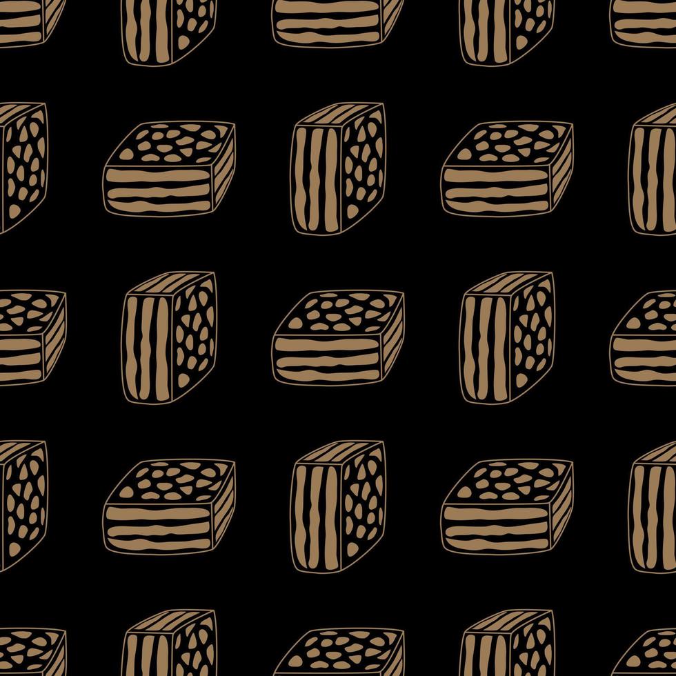 Brownies on a black background. Wrapping paper pattern for bakery shop. Hand drawn lines. vector