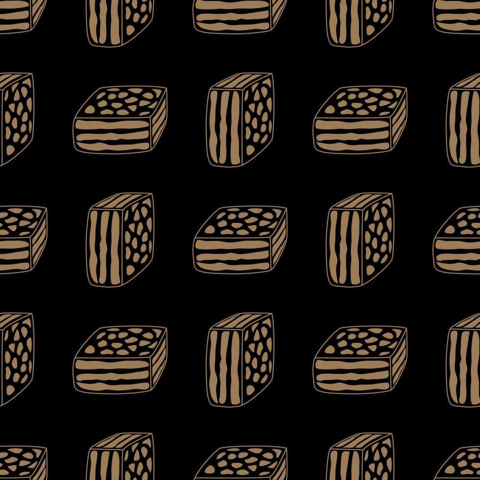 Brownies on a black background. Wrapping paper pattern for bakery shop. Hand drawn lines. vector