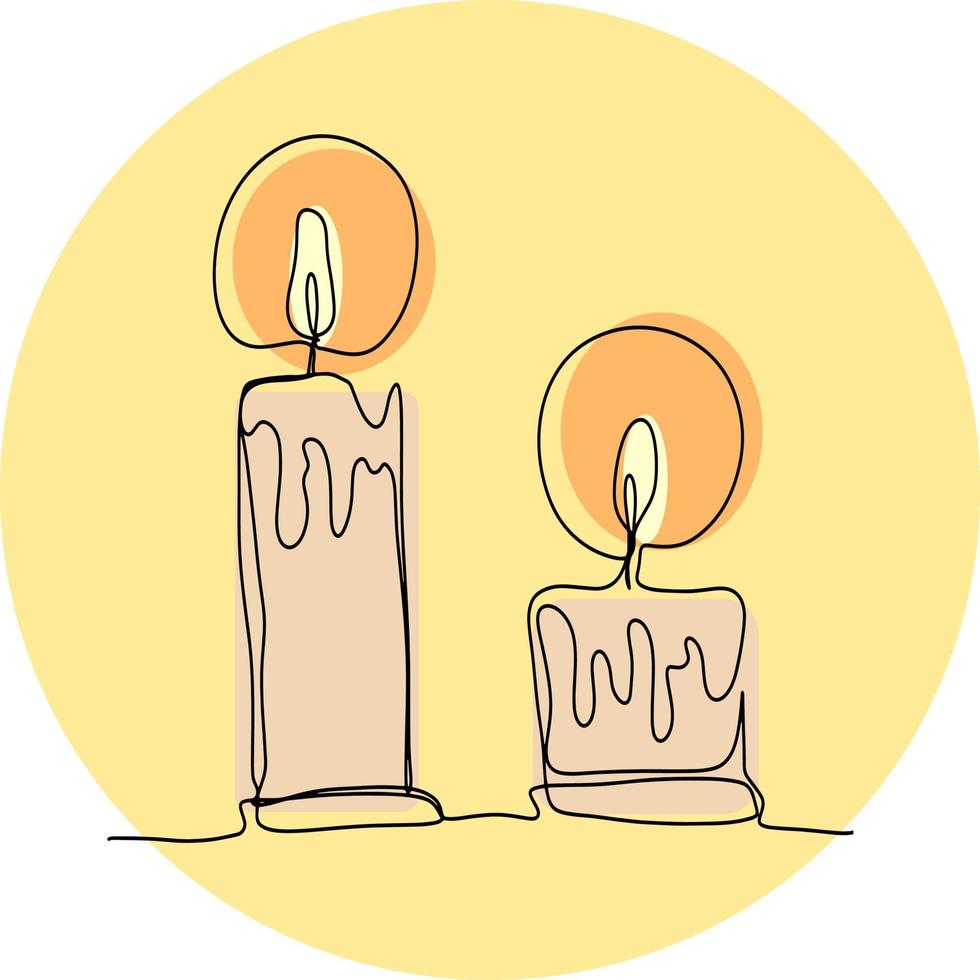 Two lighted candles on a round yellow background . Vector illustration style line.