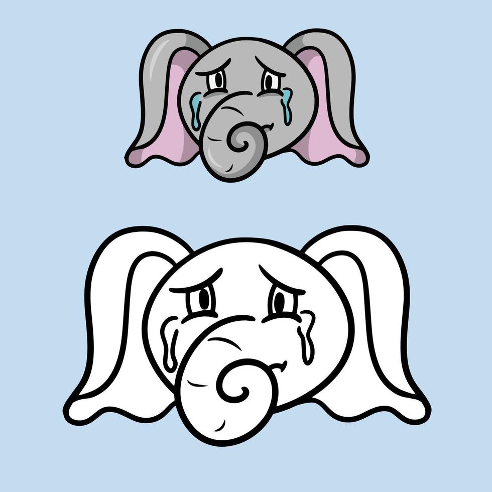 A set of drawings. Sad cute little elephant with tears cartoon elephant emotions, character crying, vector illustration on a light background