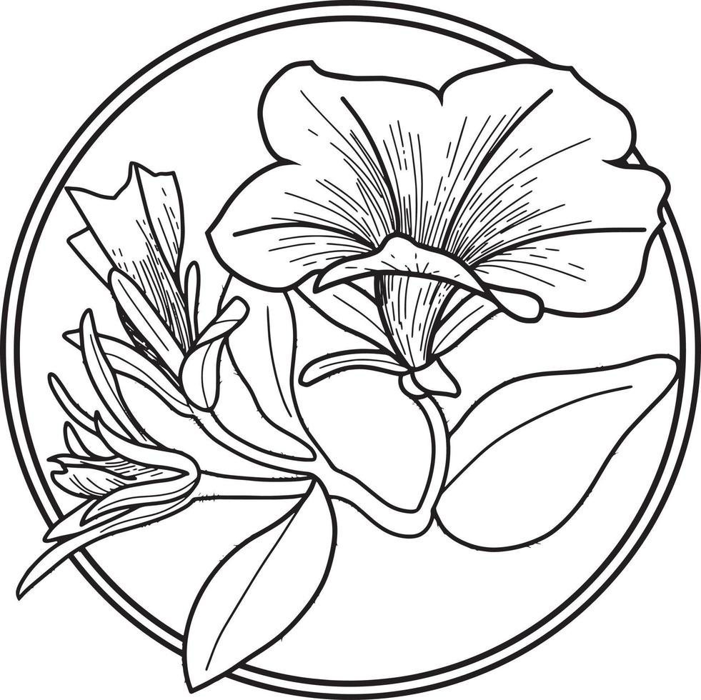 patrón monocromo en un círculo con flores de petunia, brotes y hojas sobre un fondo transparente, ilustración vectorial vector