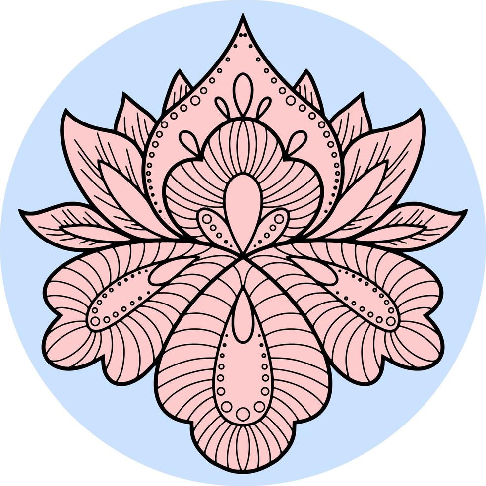 Decorative pink lotus flower on a blue round background. Vector illustration
