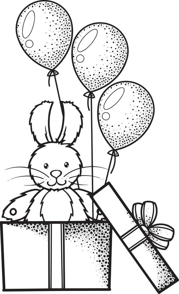 Vector illustration, monochrome drawing, toy bunny in a gift box with balloons