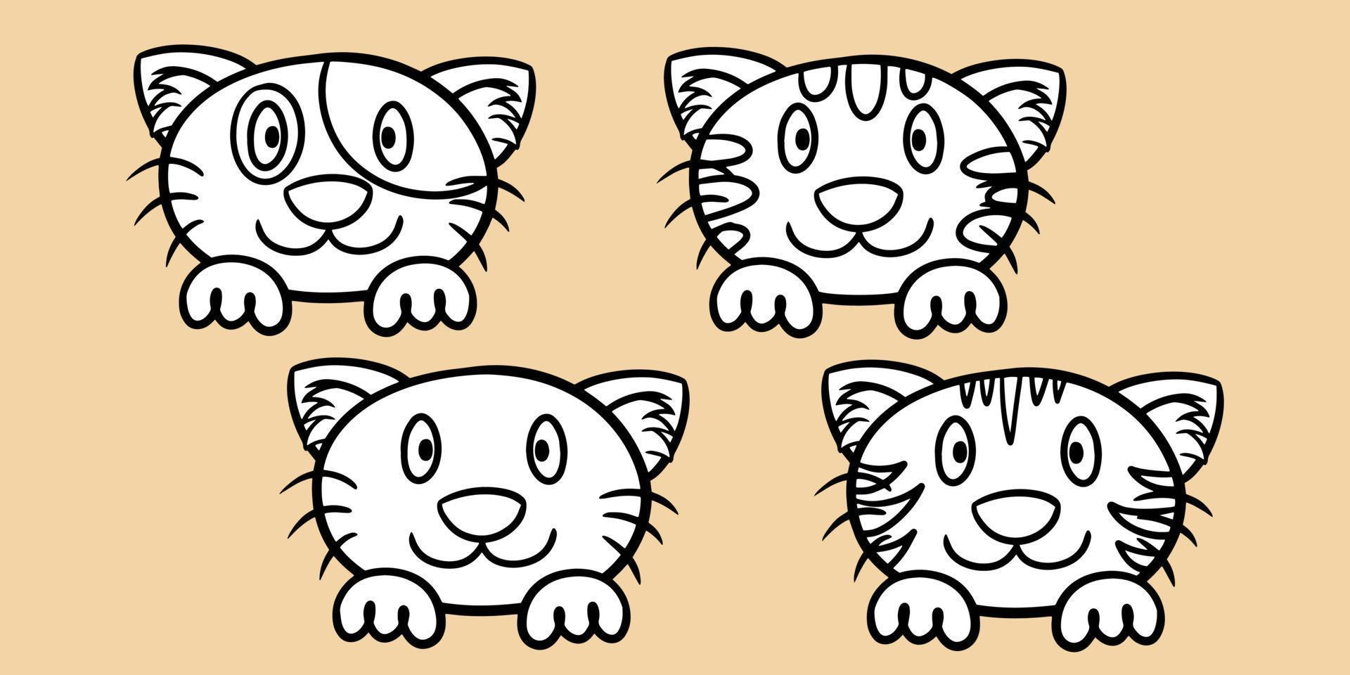 A set of cartoon black-and-white monochrome cute cats with paws, cat faces with different emotions, vector illustration on a light background