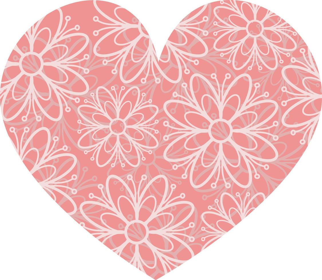 Decorative pink heart with an ornamental pattern, stylized flowers, vector illustration