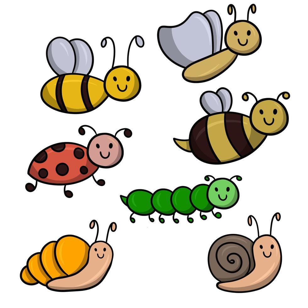ilustración vectorial, colección de insectos lindos, insectos de dibujos animados con una linda sonrisa en un fondo blanco. vector