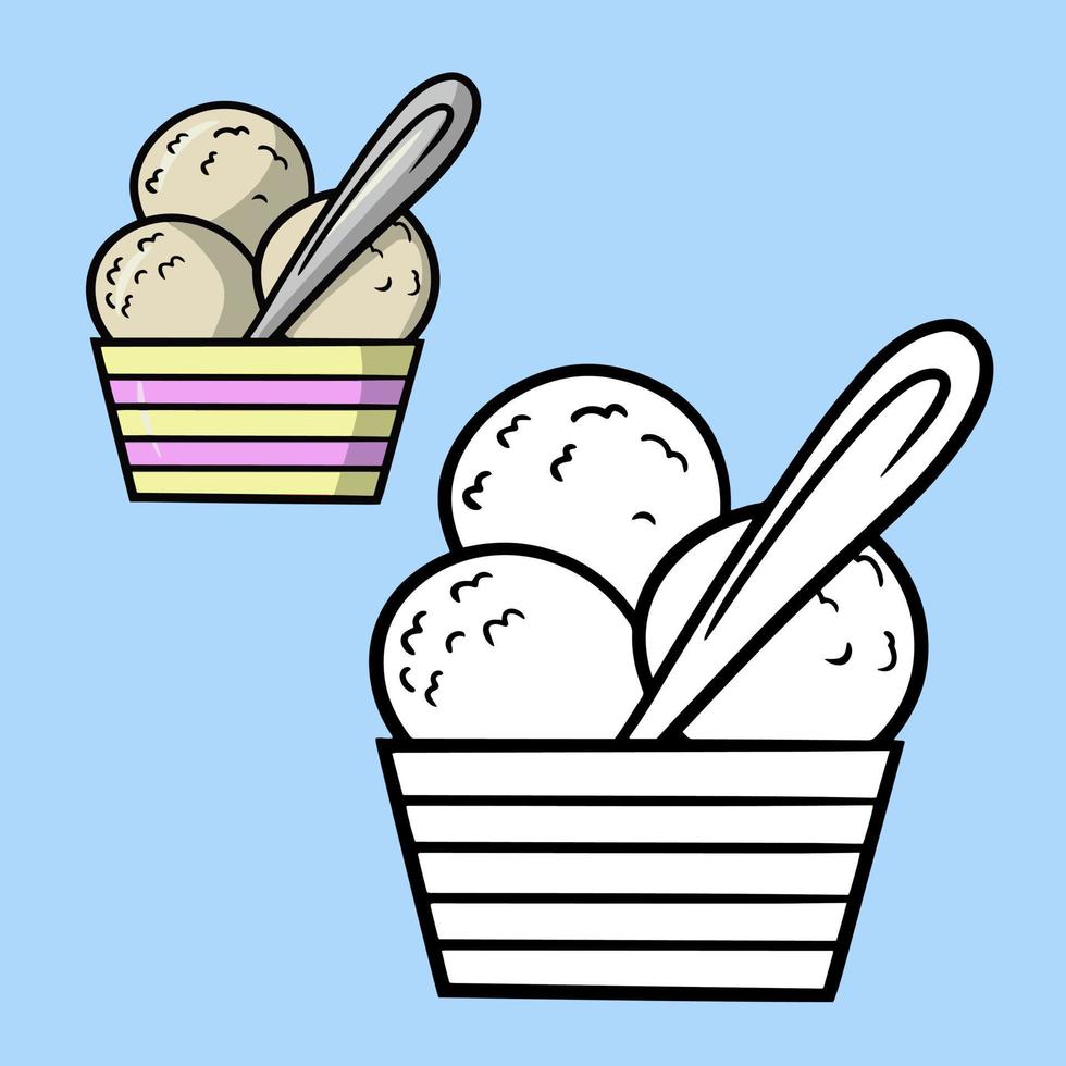 A set of illustrations for a coloring book. Sweet cold dessert, vanilla ice cream in a striped glass with a spoon, cartoon vector illustration on a blue background