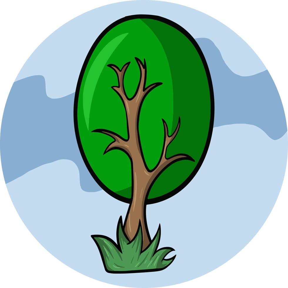 Cartoon tree with oval beautiful crown, cartoon cute tree for decoration and design, vector illustration on round blue background