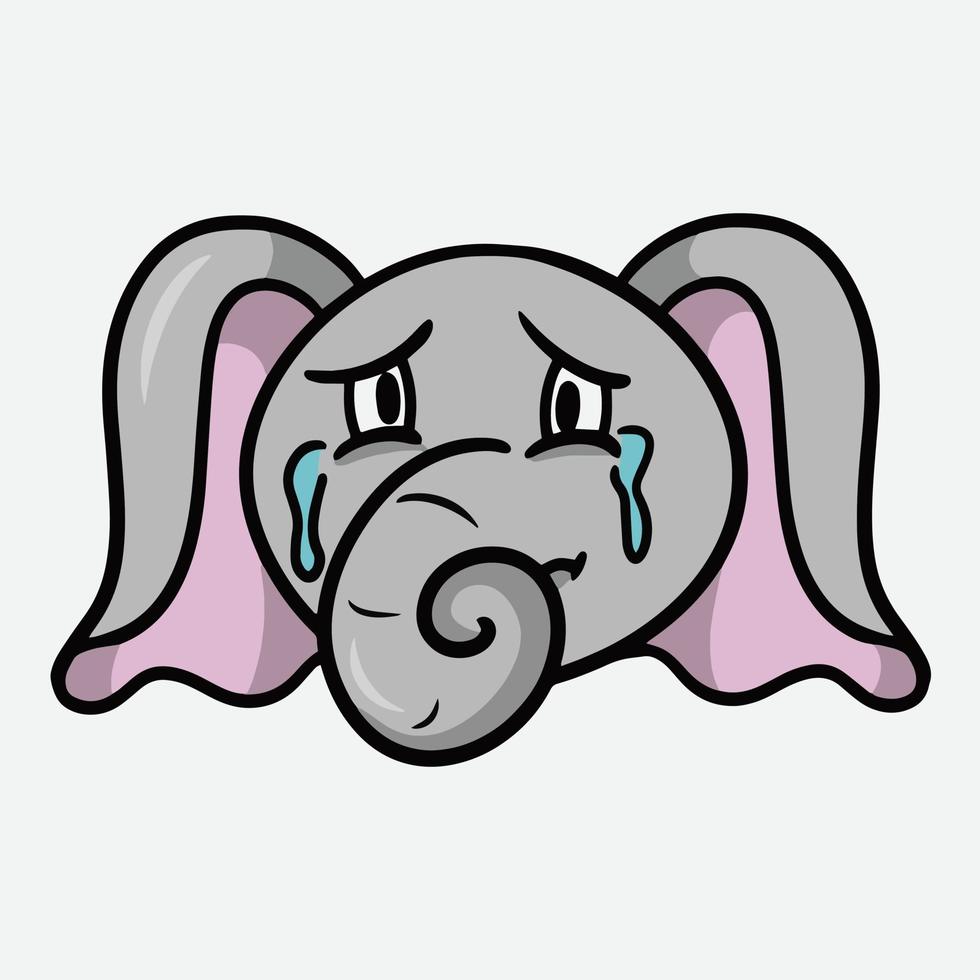 Sad cute little elephant with tears cartoon elephant emotions, character crying, vector illustration on white background