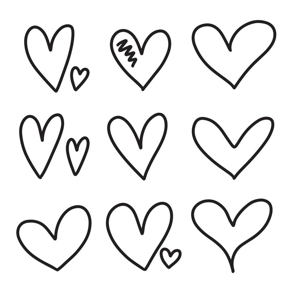 conjunto de simples garabatos de corazón dibujados a mano aislados en fondo blanco. colección de corazón delineada diferente. ilustración vectorial aislado en blanco. vector