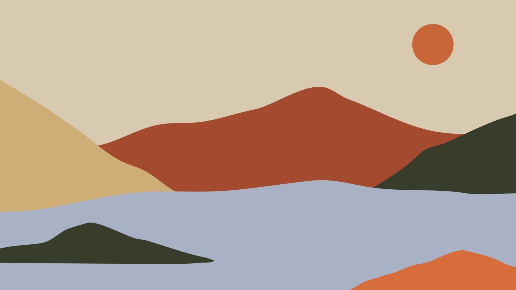 montaña dibujada a mano con color estilo boho. Ilustración de vector de montaña al atardecer con río. montaña con estilo boho.