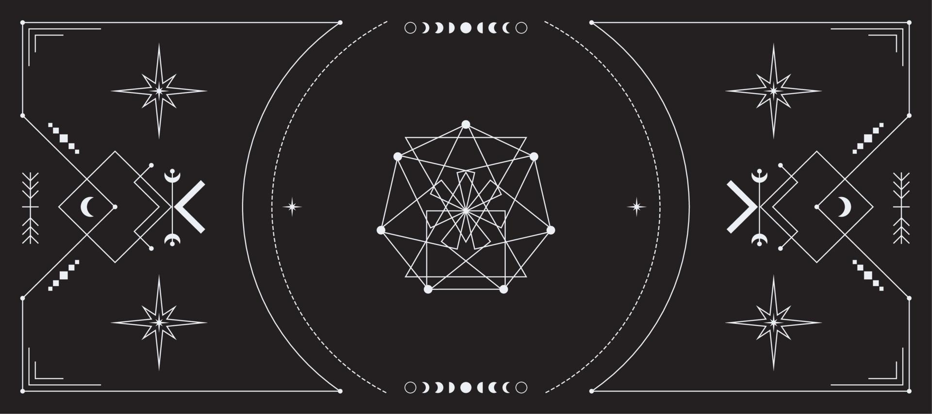 Celestial background with a copy space. Mystical poster with an ornate geometric frame, outline stars and moon phases. Esoteric backdrop vector