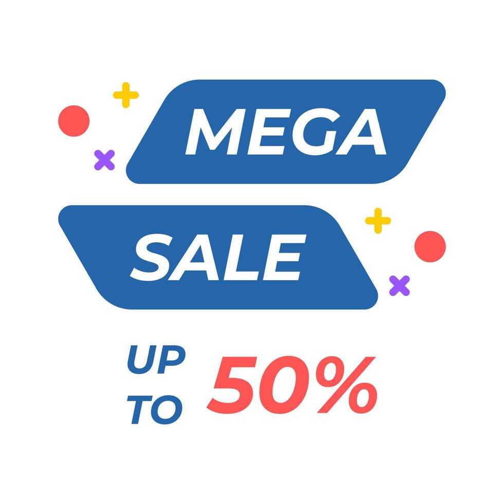 Mega sale label illustration. Discount offer price label, symbol, and sticker for advertising campaign in retail, sale promo marketing discount 50 percent. Sticker sale, ad offer shopping. vector