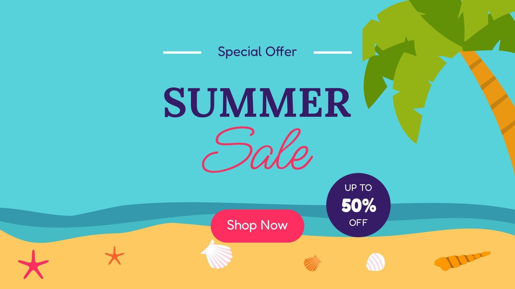 Summer sale banner in trendy style with beach, palm tree tropical leaves for promotion of cosmetic, fashion, accessories etc. Modern summer sale banner template and social media. Vector illustration.