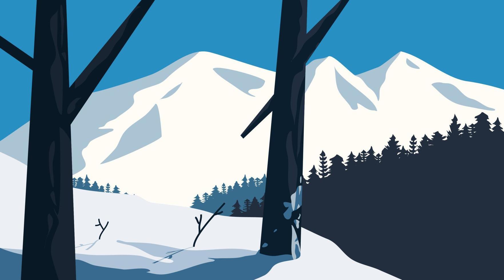 Flat design conceptual landscape winter season. Mountain scenery with snow and tree. Vector illustration of beautiful mountain and snow scenes.