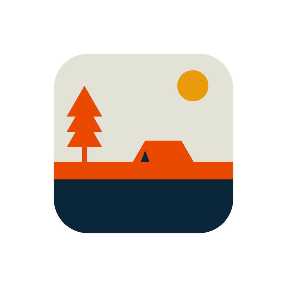 Vintage linear travel patch badge design. Camping label concept. Wild camping on mountain, tree, and river expedition logo. Lumberjack logotype. Pin graphic illustration vector art t-shirt.