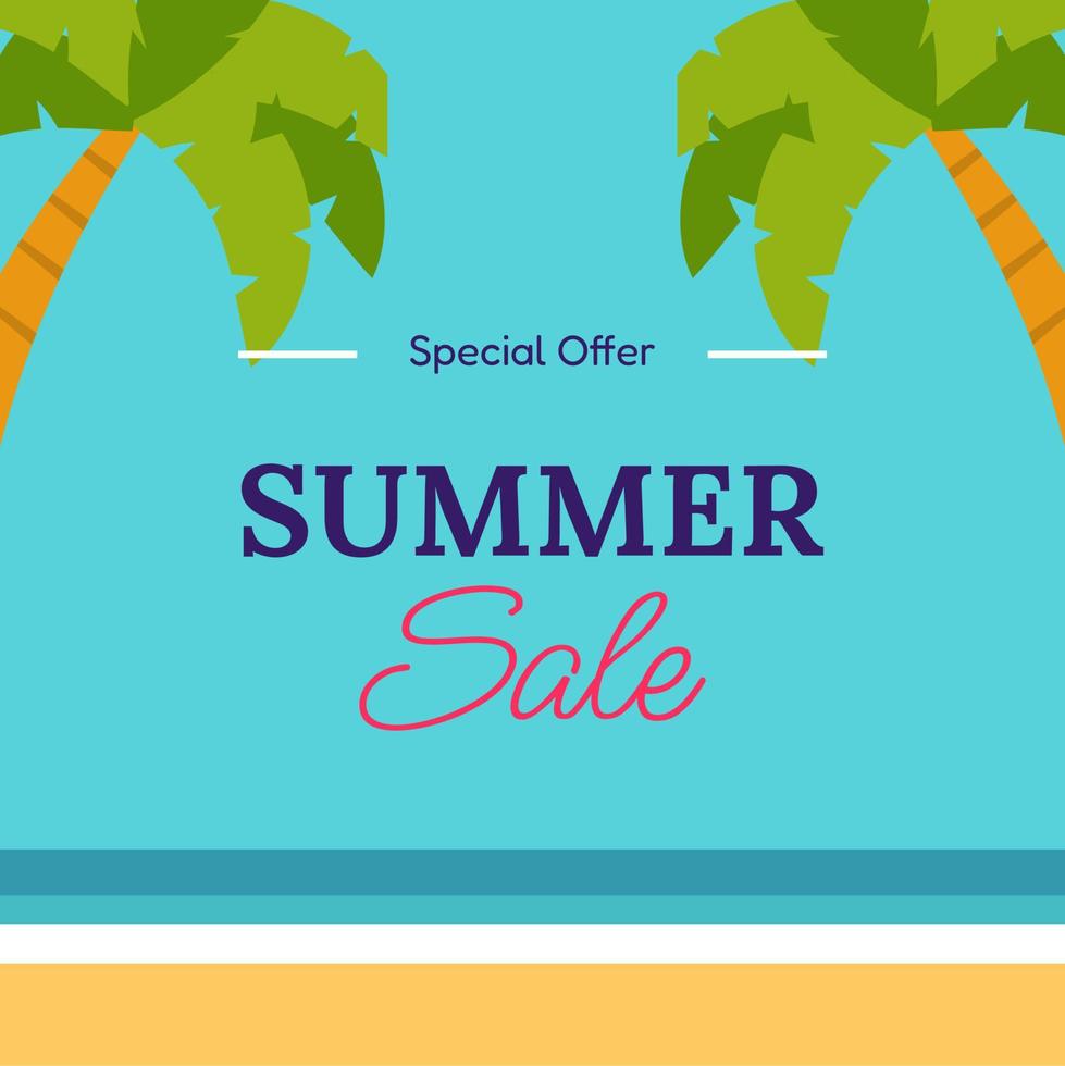 Summer sale banner in trendy style with beach, palm tree tropical leaves for promotion of cosmetic, fashion, accessories etc. Modern summer sale banner template and social media. Vector illustration.