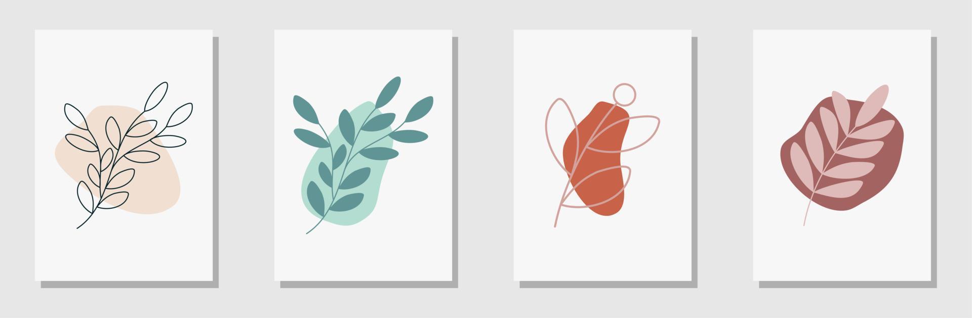 Set vector botanical wall art vector set. Earth tone color background foliage line art drawing with abstract shape. Abstract Plant Art design for wall framed prints, canvas prints, poster, home decor.