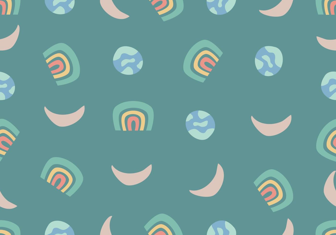 seamless pattern rainbow, sky object, moon, earth. Can use for wallpaper, wrapping paper, home decor and fashion fabrics. Vectors. vector