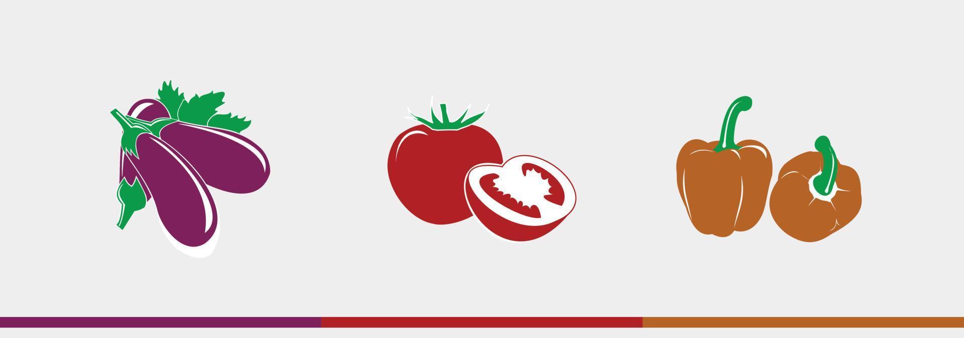 paprika, tomates, conjunto de color berenjena - ilustraciones vectoriales dibujadas a mano para el logotipo de dibujos animados de alimentos - aislado en fondo blanco vector