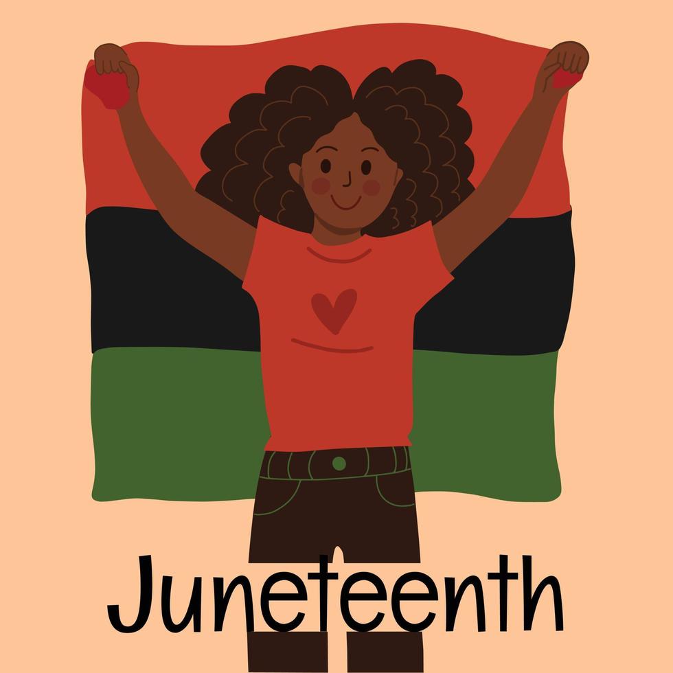 Happy African American young woman with raised hands holding Pan African, Black Liberation flag. Celebrating character - black girl. Jubilee, Emancipation, Freedom Day greeting card. vector