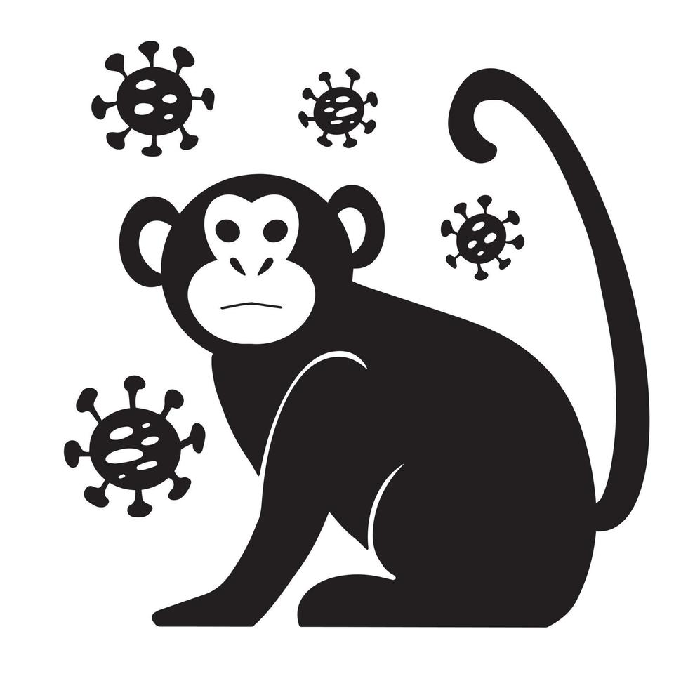 Vector illustration of monkey icon with virus cells. new Monkeypox 2022 virus - disease transmitted by monkey, ape in simple flat style isolated on white background