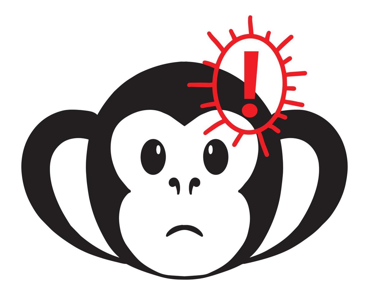 Vector illustration of monkey icon with red exclamation point - symbol of danger and alertness. new Monkeypox 2022 virus in simple flat style isolated on white background