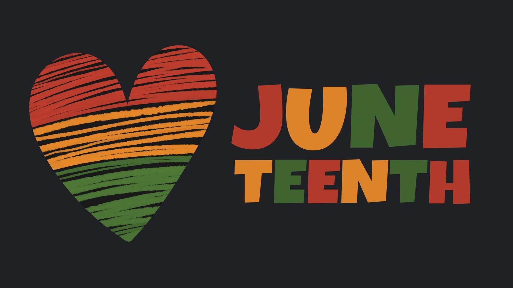 Vector banner Juneteenth - celebration ending of slavery in USA, African American Emancipation Freedom Day. Heart in African colors - red, green, yellow on black background