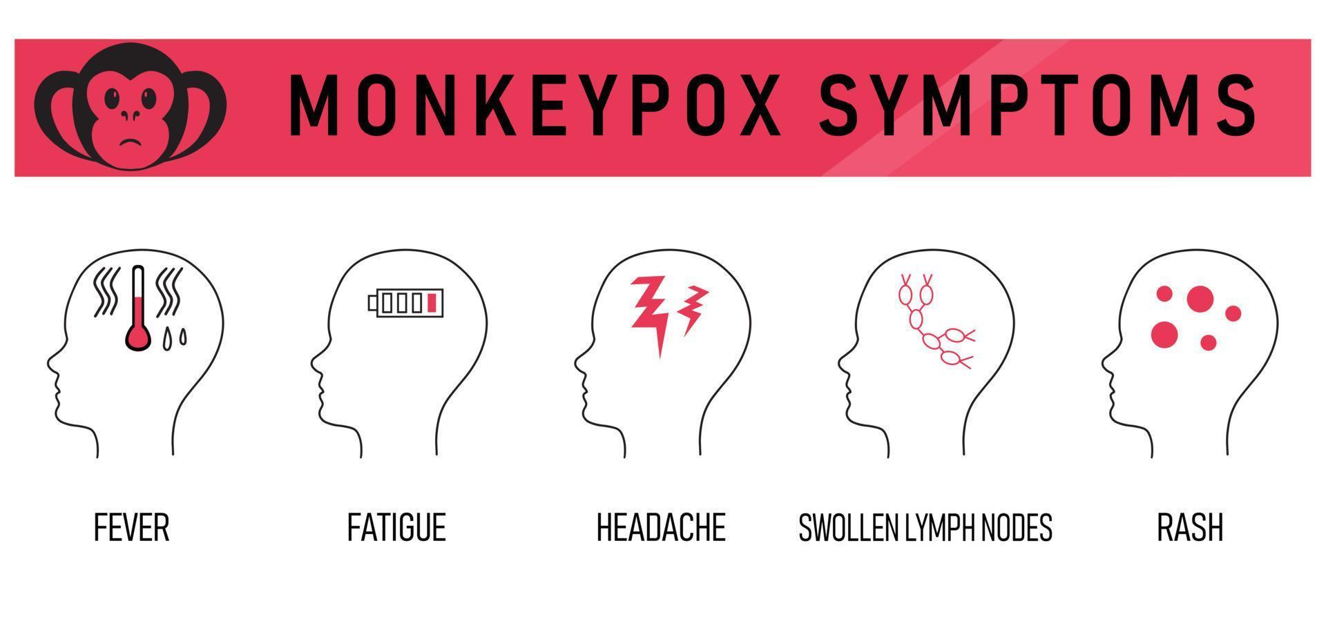 Monkeypox 2022 virus symptoms, healthcare and medicine infographic. Vector illustration medical symptom icon with text - fever, fatigue, headache, swollen lymph nodes, rash