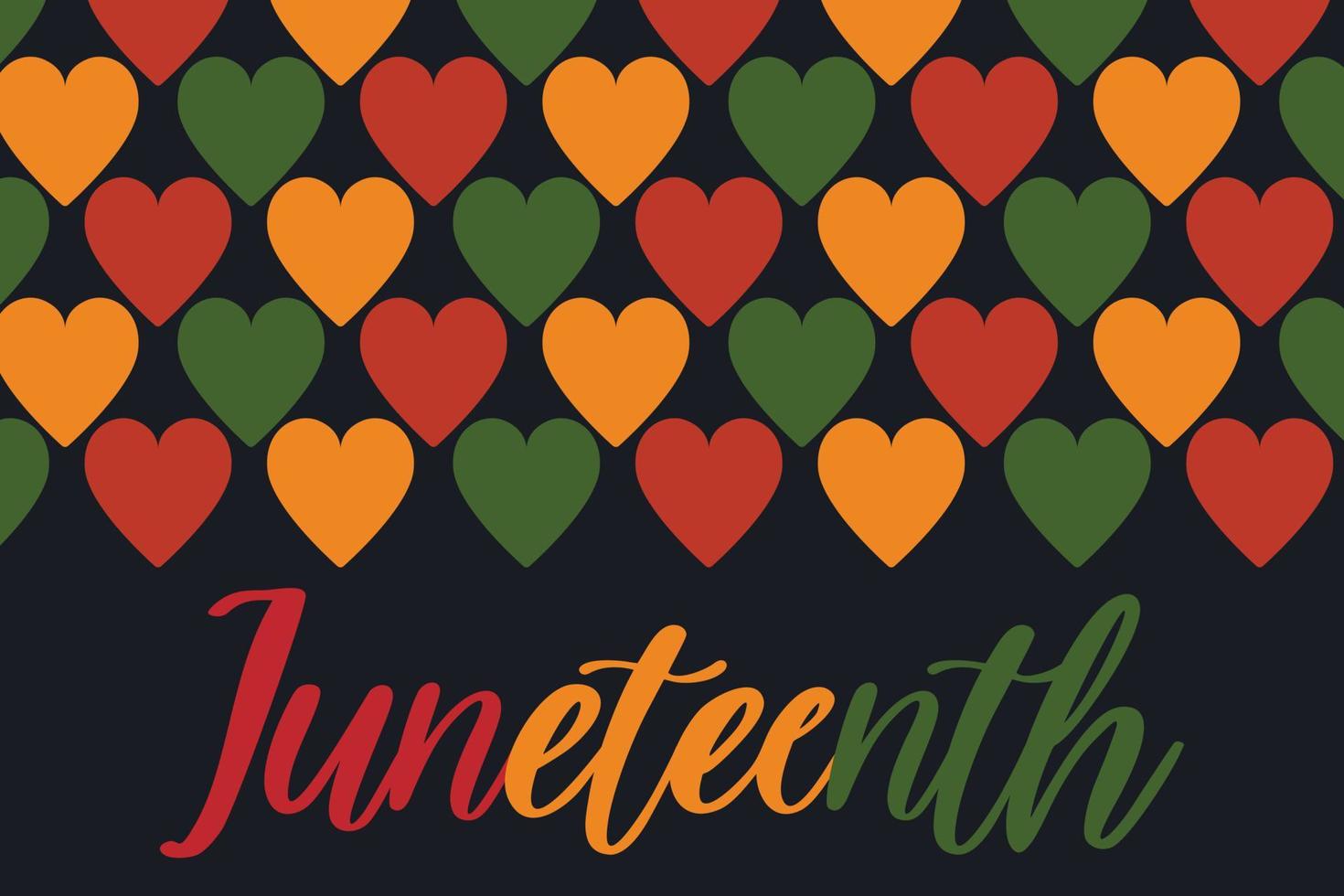 Juneteenth banner with hearts pattern in Pan African flag colors - red, yellow, green. Background for banner, postcard, flyer vector design