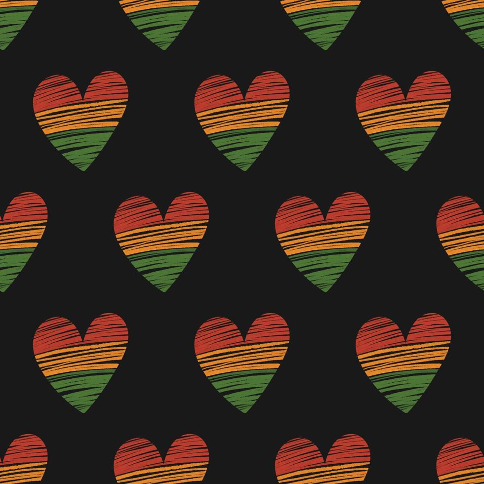 Seamless pattern with Black heart with textured stripes in traditional African colors - red, yellow, green. Vector background for Juneteenth, Kwanzaa, Black History month