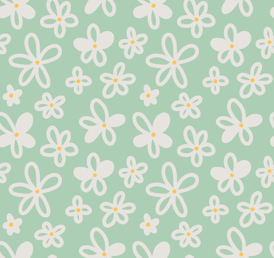 Cute flowery seamless pattern with camomile, daisy flower on light green background. Sweet romantic simple floral vector backdrop, wallpaper.