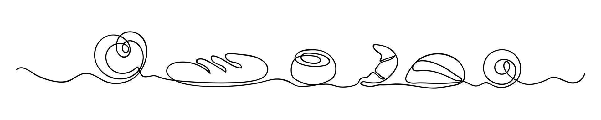 Bakery products drawn in one line. Food sketch. Continuous line drawing art. Minimalist art. Vector illustration.