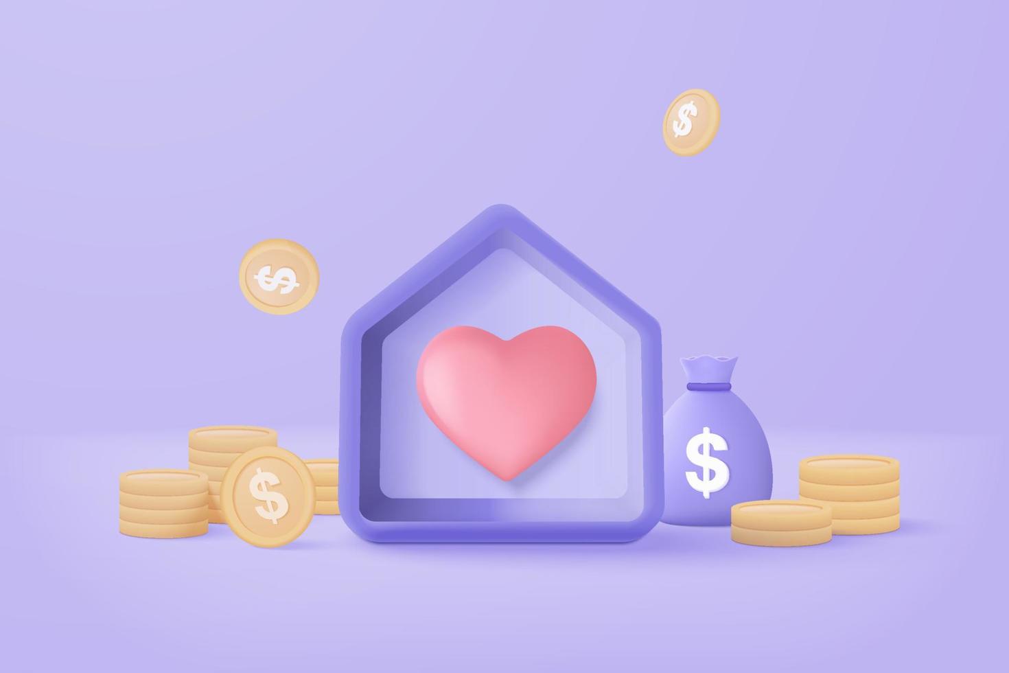 3d vector real estate y pila de monedas sobre fondo pastel. ahorro de dinero para préstamo de casa, concepto de propiedad de inversión financiera, dinero. pila de monedas y un pequeño banco de la casa sobre fondo púrpura