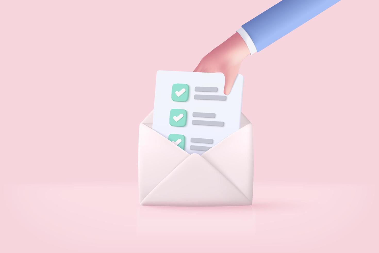 Ícono de sobre de correo 3d con lista de control de tareas de administración de tareas en la mano. carta de correo electrónico mínima con papel de carta leído, asignación y examen. mensaje concepto 3d vector render aislado rosa fondo